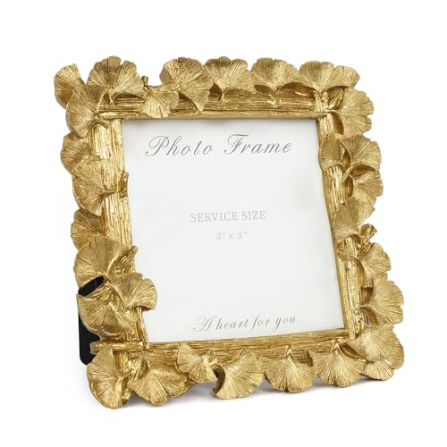 Vintage Gold 5x5 Picture Frame, Gold Ornate Leaf Textured Hand-Crafted Resin with Glass Front, Antique Square Photo Frame for Tabletop Display, Retro Design Home Decor