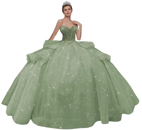 Puffy Tulle Quinceanera Dresses Sparkly Lace Ball Gown Strapless Sweet 16 Dresses