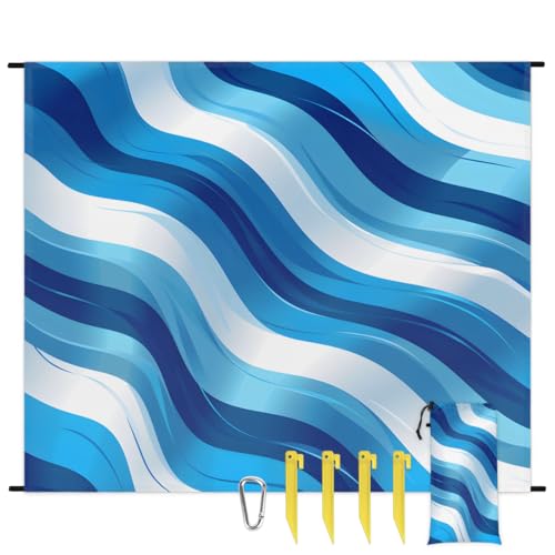 Eabrults Waterproof Sandproof Beach Blanket, 59''×68'' Ripple Polyester Outdoor Picnic Blanket with 4 Stakes & Storage Bag for Beach,Camping,Vacation Blue