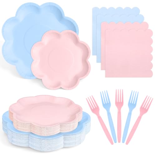ZUQMZUQ 96pcs Gender Reveal Paper Plates and Napkins Tableware Set Serve for 24 Guest Including Blue and Pink Scalloped Disposable Dessert Paper Plates Napkins Forks for Baby Shower Wedding