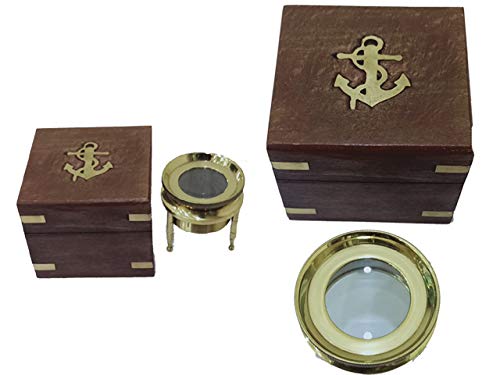 Nautical Replica Hub Brass Desk Chart Magnifying Glass with Wooden Box