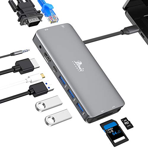Get Discount Offer USB C Hub Multiport Adapter for MacBook Pro/Air, 10 in 1 USB C Docking Station with 4K HDMI,VGA, RJ45 Gigabit Ethernet,87W PD Charging,3 USB 3.0,SD TF Card Reader, Compatible for More Type C Devices