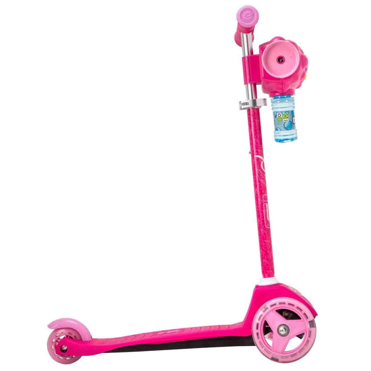 EVO Patinete ajustable con tres ruedas para niños, Bubblz Mini Cruiser rosa con pompas de jabón