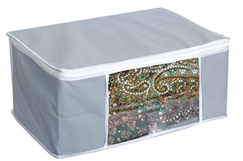 Image of Kitchenwell Simple 9 Piece Non Woven Fabric Clothes Organizer /Saree Cover For Wardrobe Set with Transparent Window, Extra Large,(Grey)