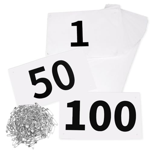 JEELAD Race Bibs 4" x 7" Running Bids Racing Numbers with Safety Pins Tyvek Tearproof Waterproof Number Cards 1-200 for Marathon Runners Sports Races Competition Events