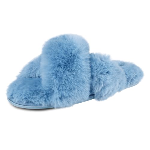 Jessica Simpson Women's Cross Band Plush Slide-on Sandal House Slippers with Memory Foam, Blue, Medium
