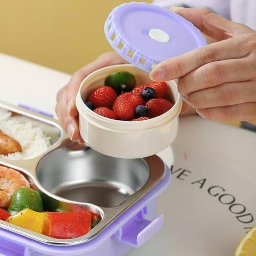 Image of Storio Lunch Box 3 Compartments 750ml | Leak-Proof BPA-Free Stainless Steel Lunchbox for Kids, School & Office | Tiffin Box with Extra Small Container | Durable & Easy to Clean - Purple