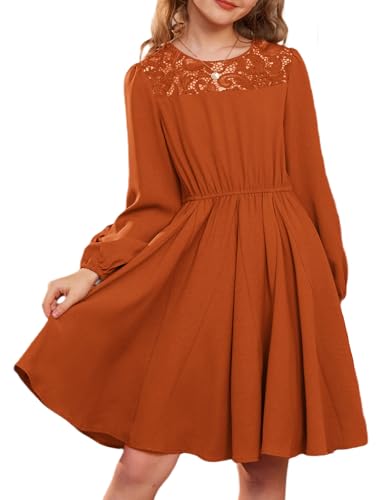 GRACE KARIN Girls Fall Dress Long Sleeve Midi with Lace Panels Twirl Skirt Elastic Waist for Holiday Party 6-14Y