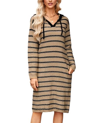 VOGMATE Strickkleid Damen Langarm Sweatshirt Hoodie Kleid Lang Pulloverkleid mit Kapuze Wollkleid Streifen Casual Sweater Dress for Women Tunika Kleid...