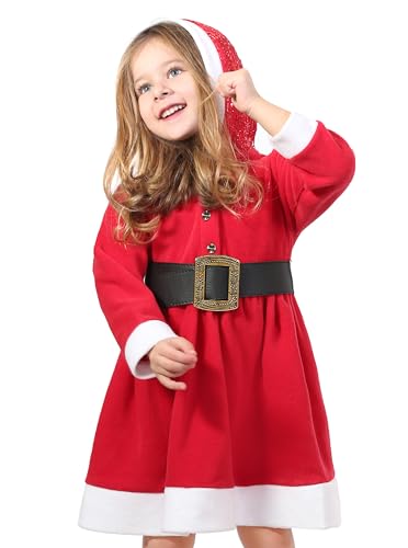 Lilax Little Girls' Holiday Christmas Santa Sparkle Hood Red Dress with Belt2