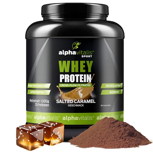 Whey Protein Pulver 1KG - leckeres Eiweißpulver für Proteinshakes, Kraftsport und Fitness - WPC cross flow mikrofiltiert CFM - Muskelaufbau Shake - Eiweißshake Salted Caramel