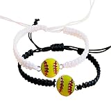 Delllala 2pcs Braided Sport Bracelets, Sports Accessories Adjustable, Softball， Basketball, Baseball，Soccer, Football Jewelry for Fans, Ideal for Birthday or for Easter Gifts (Softball.)