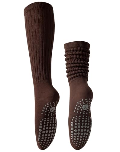 Image of Yawlsow Pilates Socks with Grips for Women Yoga Ruffle Grippy Non Slip Long Slouchy Scrunch Socks for Barre Workout Hospital