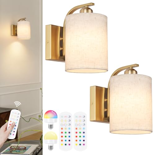 CANEOE Akku Wandleuchte Kabellose 2er Set, Batterie Wandleuchten Innen mit Stoffschirm,Wiederaufladbarem Wandleuchte mit 5000mAh Abnehmbare Aufladbare Glühbirne(Gold)