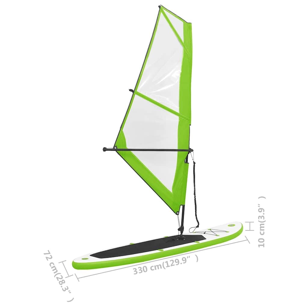 Tabla de surf hinchable con juego de velas en verde y blanco, material de PVC, incluye remo, aletas, bomba de alta presión, bolsa de transporte para deportes acuáticos, ocio y vacaciones