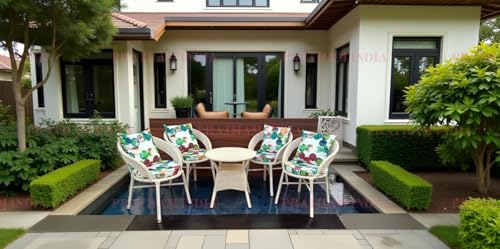 Image of India Outdoor Indoor 4+1 Piece All Weather Wicker Patio Chair and Table Set with Iron Frame for Balcony Garden Poolside Deck (Cream with Multicolor Cushion & Pillow)