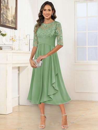 Mother of Bride Dresses for Women Tea Length Chiffon Lace Appliques A Line Formal Evening Gowns4