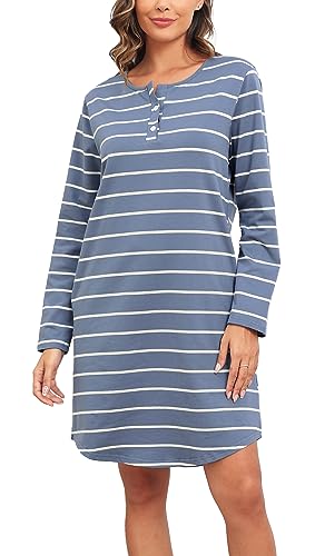 Lovasy Chemise de Nuit Femme Coton Manches Longues Chemise de Nuit Rayé Boutonnée Devant Doux Nuisette Femme Grande Taille A Bleu Ciel S