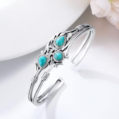 Genuine Turquoise Boho Leaf Bracelet, Sterling Silver Western Adjustable Bangle Cuff Native American Jewelry for Women, Fit for 6.5 7 7.5 Inches 7