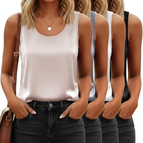 Image of 4 Pack Women's Lightweight Satin Tank Tops Silk Camisole Soft Sleeveless Layering Cami Scoop Neck Undershirt