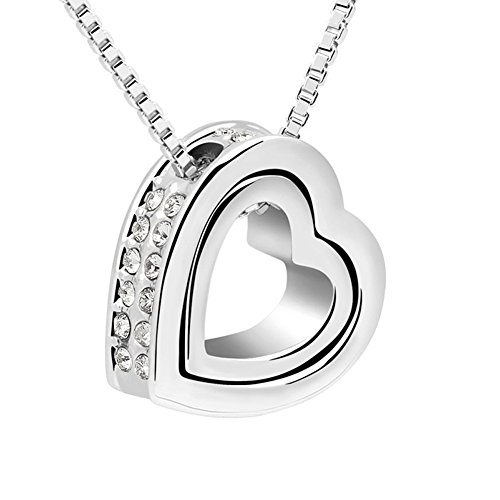 Xingzou Womens Silver Color Double Heart Pendant Necklace Made with Swarovski Elements Clear Crystal
