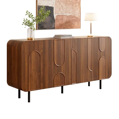 Aparador con 4 puertas y estantes ajustables, armario auxiliar, armario de cocina con esquinas redondeadas y relieve geométrico, 160 × 40 × 79 cm, nogal