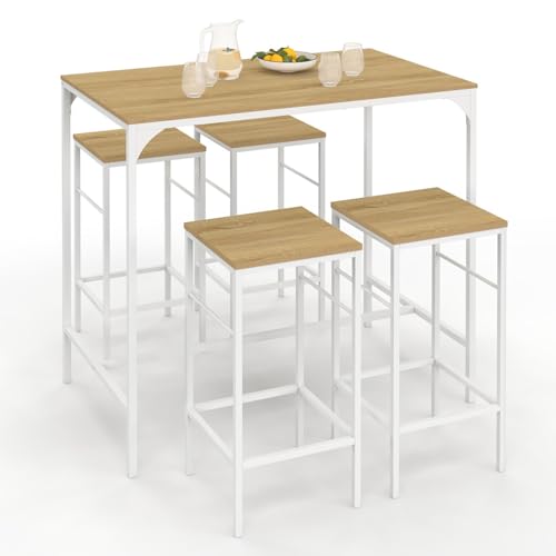 IDMarket - Ensemble Table Haute de Bar Detroit 100 cm et 4 tabourets de Bar Bois et métal Blanc Design Industriel