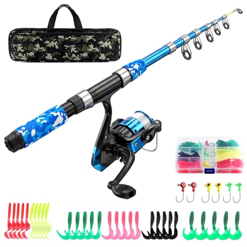 Kids Fishing Pole Set Fishing Rod and Reel Combos,Ultralight Telescopic Fishing Rod+Spinning Reel+Lure Baits+Fishing Line with Camo Bag for Boys Girls Youth Freshwater Saltwater