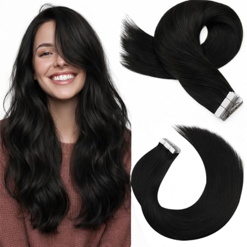 Image of Moresoo Natural Black Tape in Human Hair Extensions, 16 Inch, 20Pcs, 50g | Invisible tape in hair extensions, skin weft tabs, straight strands, shoulder length, blowouts and half-up styling looks