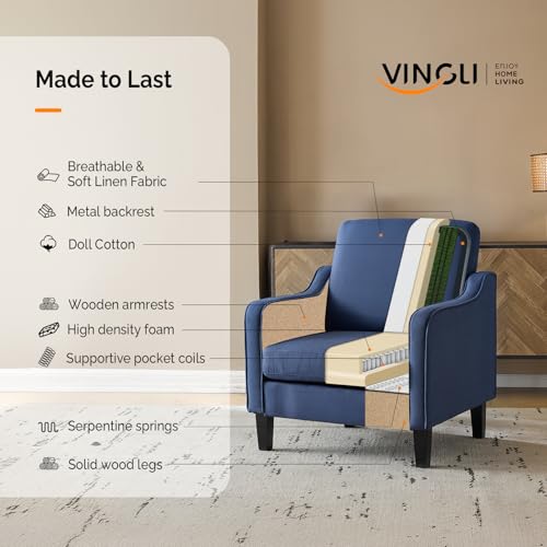 Image of VINGLI Navy Blue Accent Chairs for Living Room, Line Comfy Upholstered Chair Mid Century Modern Armchair for Bedroom, Home Office, Small Spaces, Apartment