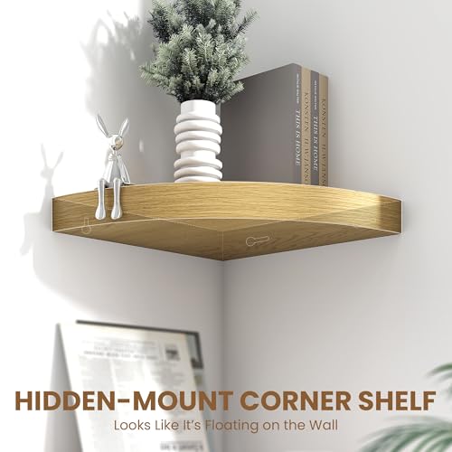 Image of Fun Memories Floating Corner Shelves Set of 2 - Rustic Wood Wall Mounted Storage and Display Shelves for Living Room, Bedroom, Kitchen, Bathroom - Space Saving Home Decor, Oak