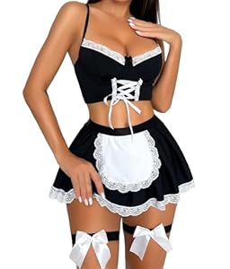 RSLOVE Damen Dessous Sets Kostüm - Sexy Maid Outfit Unterwäsche Negligee Kleid für Cosplay Schwarz XL