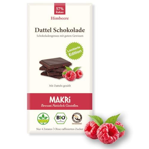 MAKRi® BIO Dattel Schokolade - ohne raffinierten Zucker, Mit Datteln gesüßt, Vegan & Fair gehandelt (5 Tafeln, Himbeere 57%)