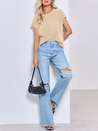Image of Saodimallsu Womens Cap Sleeve Crop Tops Summer Trendy Going Out Crew Neck Loose Knit Cropped Sweater Vest Tank Top