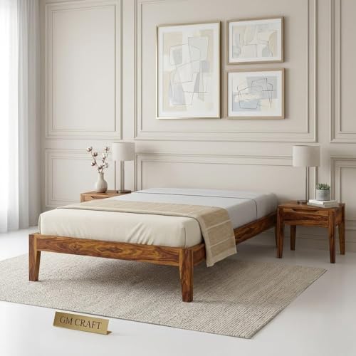 Image of Solid Sheesham Wood Single Bed Without Storage | Wooden Single Cot 6x3 ft for Bedroom & Guest Room Single Wooden Bed Frame | Modern Minimal Floor Bed for Home 12 Month Warranty (James Honey)
