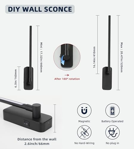 Image of Wireless Wall Sconces Set of 2 - Rechargeable Swing Arm Lights, 3 CCT-Dimmable Battery Powered, 17.32 inch Long Cordless Art Lights for Picture Frames - Black