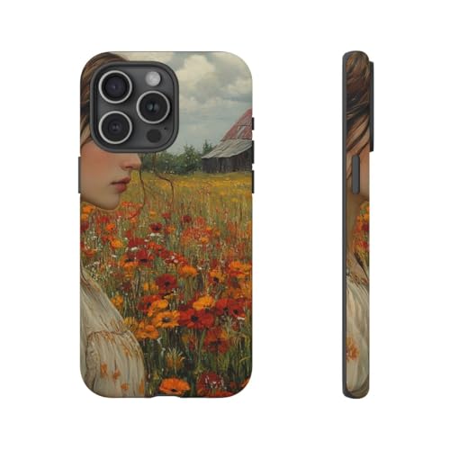 Coque iPhone 15 Pro Max rigide mate imprimé champ de fleurs et grange