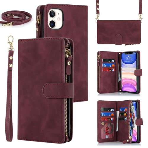 Étui portefeuille iPhone 11 avec fermeture éclair et fentes pour cartes bordeaux