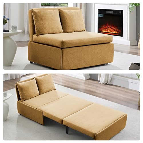 Image of BALUS 43 inch W Twin Size Sleeper Couch Bed Pull Out Sofa with Pullout Beds, 2 in 1 Convertible Linen Single Sleepers Sofas Chair with Foldable Mattress and Pillows for Small Space Apartment, Yellow
