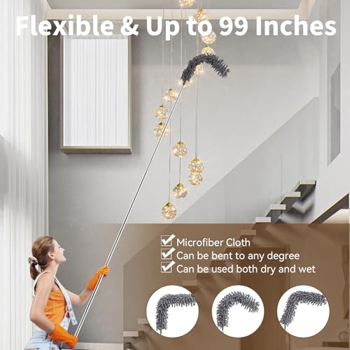Image of HAMEINY Microfiber Feather Duster for Cleaning 5-in-1 Kit 100 inch Extendable | Furniture Dusters with Extension Pole 100 Inches High Ceiling Fan Dusters Cobweb Duster for Car Wall Blinds Cleaning Dusting