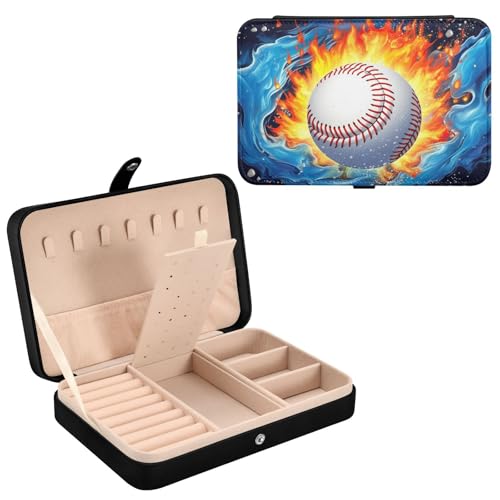Haskirky Baseball on Fire Jewelry Box Portable PU Leather Travel Jewelry Organize for Women Jewelry Storage Display Holder for Ring, Necklace, Earring