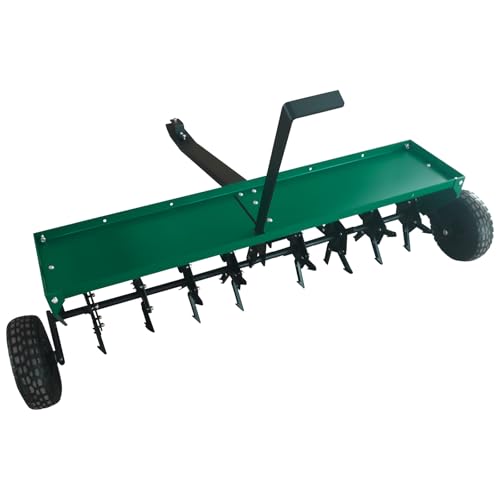 GarveeLife 48 in Tow Behind Core Aerator for Lawn, Heavy Duty Pull Behind Plug Aerator with Universal Hitch, 3 in Spikes & Inflatable Wheels for Grass Yard Clay Soil, Green