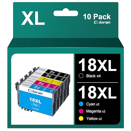 Coloran 18XL - Cartuchos de Tinta compatibles con Epson 18XL para Epson XP-305 XP-215 XP-225 XP-412 XP-422 (10 Unidades, 4 Negros, 2 Cian, 2 Magenta y 2 Amarillo)