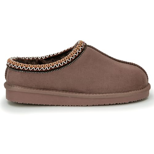 Polar Women’s Faux Suede Shearling Lined Slippers - Warm Memory Foam Indoor Outdoor Slip-On House Shoes with Aztec Trim - Non-Slip Sole for Winter Cosy Comfort - Mocha - UK 5