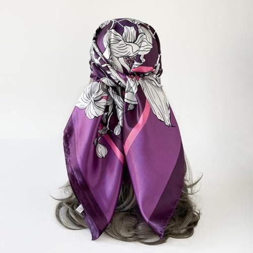 Women's Spring Small Flower Print Square Scarves Head Scarf for Women Silky Long Thin Satin Headscarf Fashion