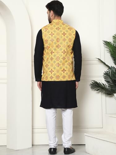 Image of SOJANYA (Since 1958 Men's Cotton Linen Maroon Kurta and White Pyjama with Mustard Cotton Nehru Jacket