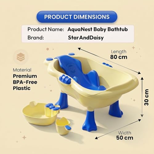 Image of StarAndDaisy Bath Tub for Baby 0-5 Years / Bath tub for Kids with 0-3 Years Girls & Boys with bathseat, Legs, mug and soap tray, Space Saving Design, Newborn Baby Bathing Tub, Easy to Store (Cream-Blue)