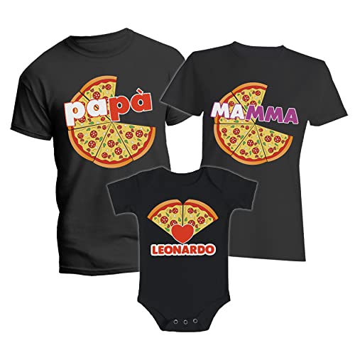 Tris Tshirt Famiglia Personalizzate - Body - Nome Personalizzato - Pizza - Love Pizza - Pizza Family - Madre - Padre - Figlio - Neonato - Maschietto - Set - Magliette Coordinate