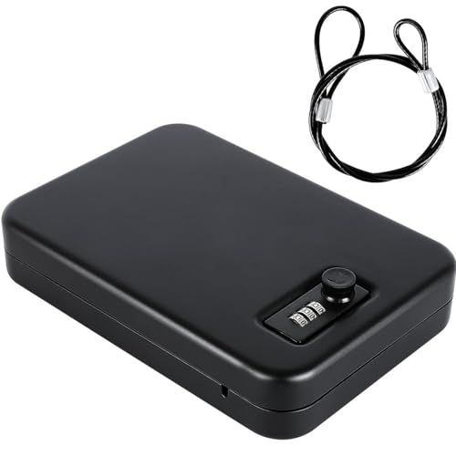Portable Pistol Safe, Small Handgun Lock Box with Steel Cable, Compact Car Gun Safe for Travel, Office, Dorm, Home,3 Mechnical Digits Access, Black