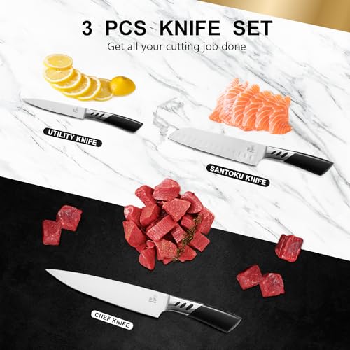 High Carbon Stainless Steel 3PC Knife Set: 8" Chef, 7" Santoku, 5" Utility - Gift Box Included